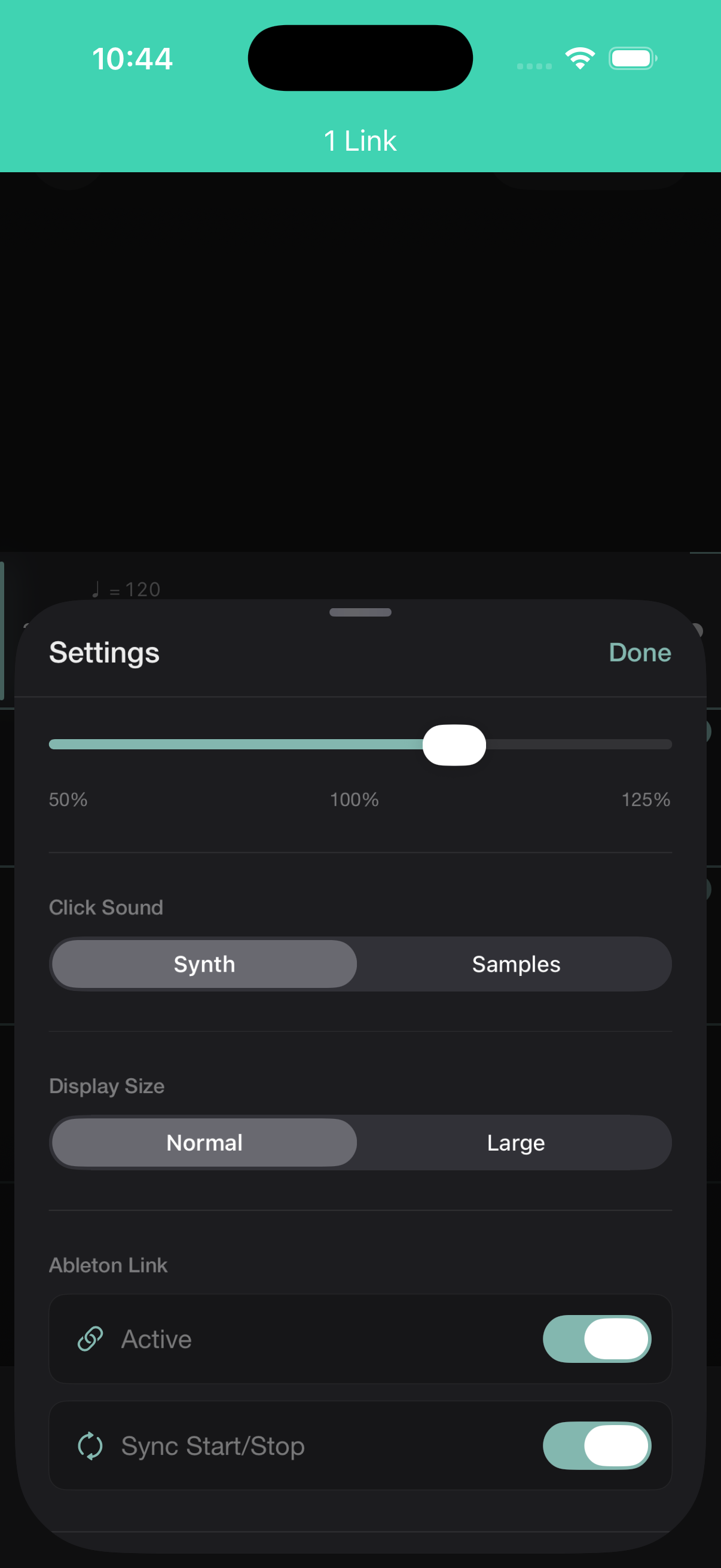 Tactus Settings with Ableton Link active, showing a green ‘1 Link’ connected banner and Sync Start/Stop enabled.