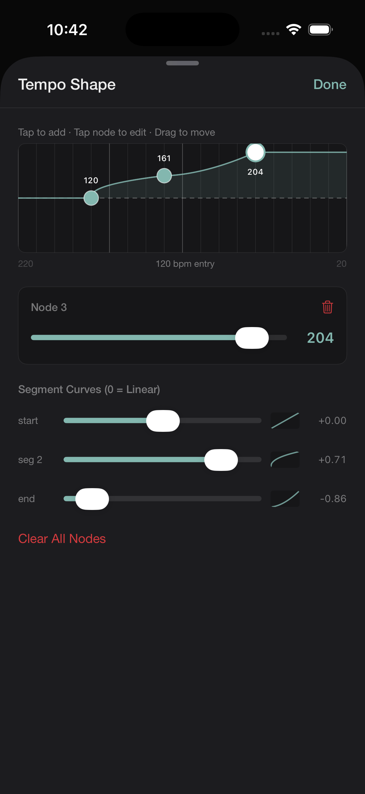 Tactus Tempo Shape editor: a 3-node curve ramping 120 to 161 to 204 bpm with per-segment easing sliders below.